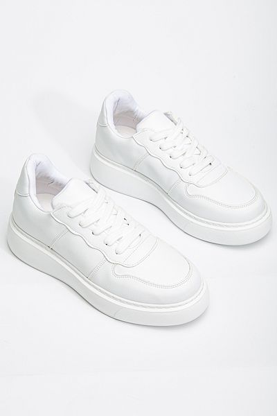 DENORA Pantofi sport casual cu șireturi, piele albă mată, talpă groasă