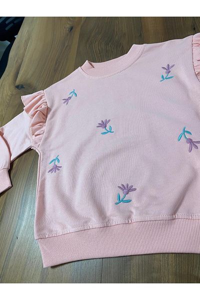 baby flamindo Baby Flamindo Flower Embroidered Sleeve Rubed 2 Threads Girl's Tracksuit Suit