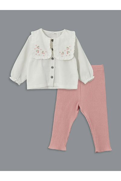 LC Waikiki طقم قميص وطماق للفتيات الصغيرات مطرز برقبة دائرية من Lcw Baby Ecru