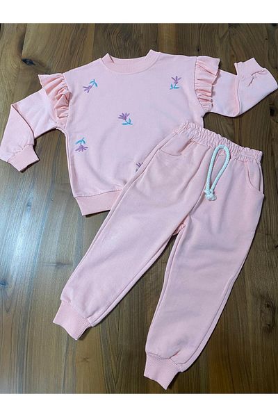 baby flamindo Baby Flamindo Flower Embroidered Sleeve Rubed 2 Threads Girl's Tracksuit Suit
