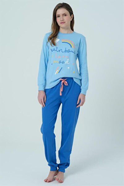 Louren 532006 Muydemi Синій бавовняний жіночий піжамний комплект з довгими ру...