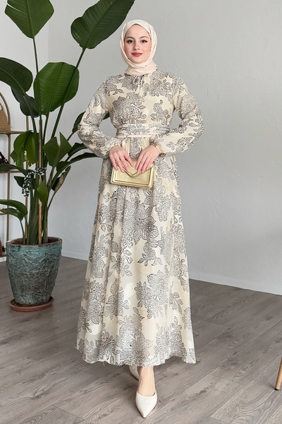 InStyle Ribbed Waist Detail Beige Chiffon Dress