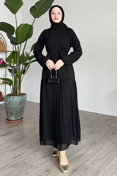 InStyle Chiffon Black Dress with Pleated Skirt
