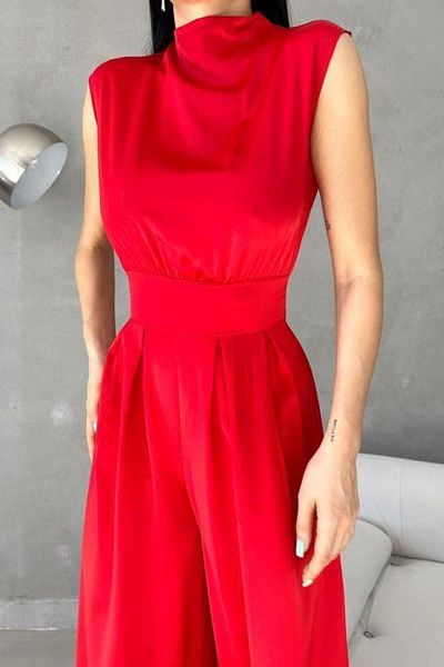 Mossta Red Satin Jumpsuit - Halter Neck and Loose Leg