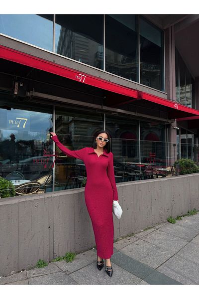 aytenli Rochie lungă maxi din țesătură Seersucker, cu mânecă lungă, cu guler de cămașă polo