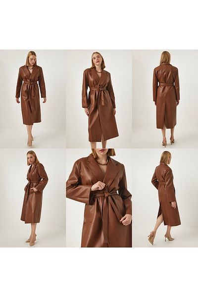 hot fashions Women's Brown Color Wide Fit Belted Midi Length Slit Thin Stylish Faux Leather Trench Coat