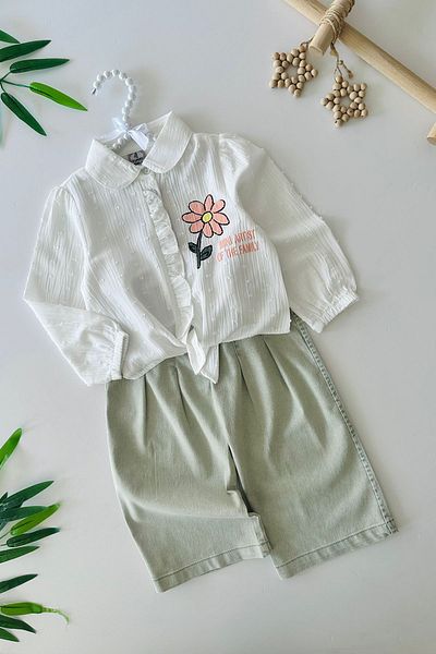 Minigimin Cicileri Daisy Printed My Mini's Flowers - Girls' 2-Piece Set of Loose Trousers with Tie-Details - White