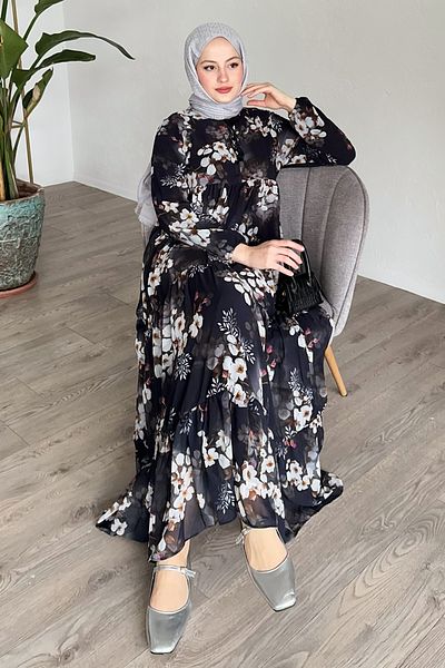 InStyle Liviza Pattern Tassel Detailed Chiffon Dress - Navy Blue