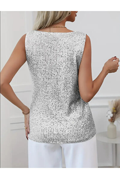AYSİ COLLECTİON Μπλουζάκι με λαιμόκοψη με παγιέτες, κομψό αμάνικο μπλουζάκι για πάρτι και διακοπές σε ασημί