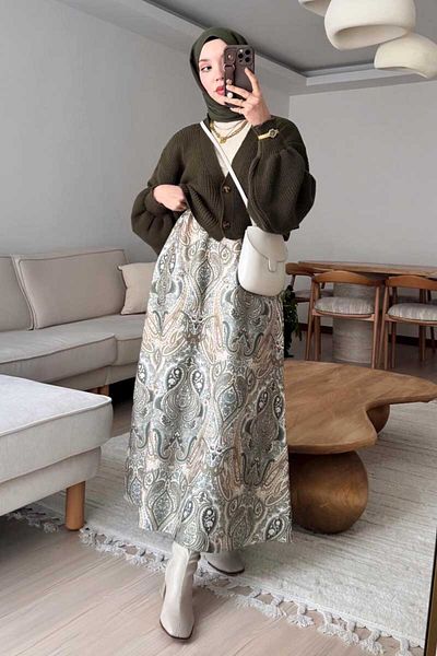 Ceylan Otantik Mink Ethnic Pattern Cotton Satin Flared Skirt & Khaki Balloon Sleeve Knitwear Cardigan
