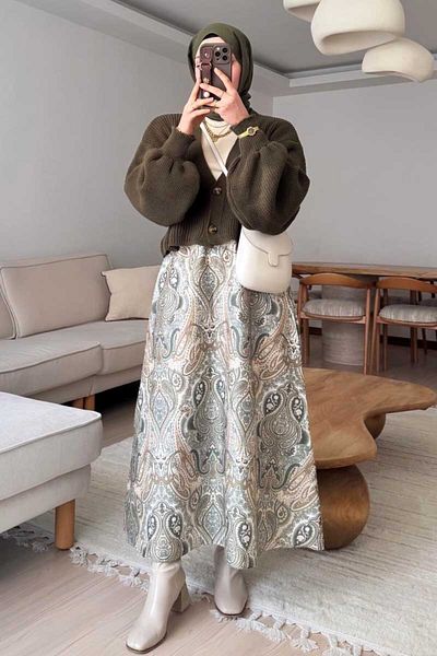 Ceylan Otantik Mink Ethnic Pattern Cotton Satin Flared Skirt & Khaki Balloon Sleeve Knitwear Cardigan