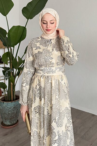 InStyle Ribbed Waist Detail Beige Chiffon Dress