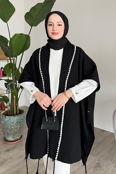 InStyle Πλεκτό Poncho Shepherd's Stitched Tasseled Black
