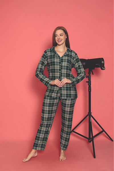 CALİA Plaid Front Button Women's Pajamas Set Suede Fabric