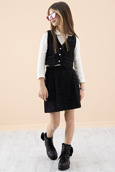 Cansın Mini Girl's 3-Piece Set with Black Glitter Vest and Skirt and Shirt 20233