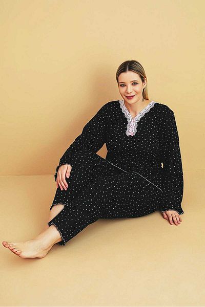 wear treasure Women's Winter Plus Size Curve Embroidered Patterned Collar Buttoned Long Sleeve Pajama Set