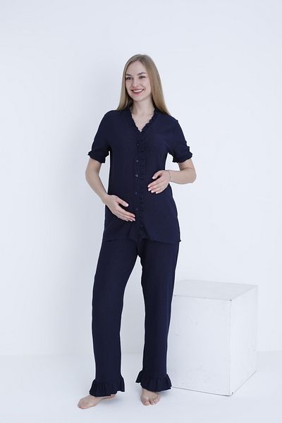 Miss Dünya Lissa Adjustable Waist Woven Maternity and Maternity Pajamas Set with Front Button Ruffle Detail