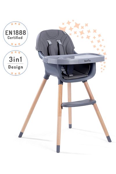 Bonfino Feaster 3-in-1 High Chair with 5-Point Safety Harness, Removable Tray, Dark Grey