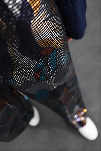 Qaju Women's Elastic Waist Full Lycra Shiny Trousers - Silver & Turquoise