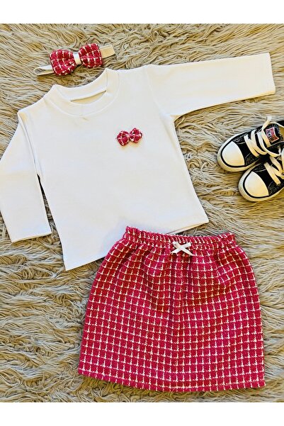enes baby bayramlık kız çocuk 3lü takım tüvit etek kaşkorse body kurdela bandana