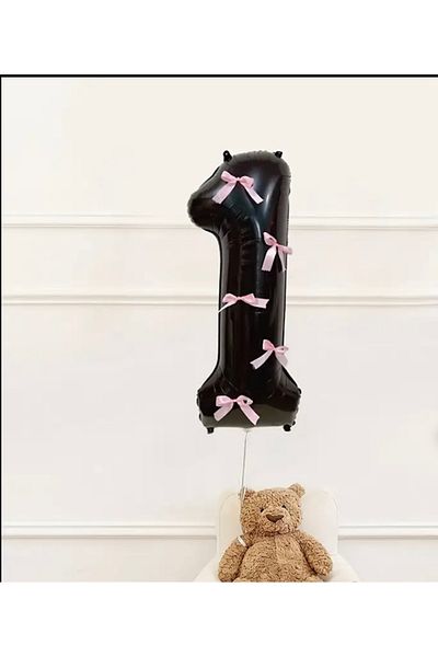 Deniz Party Store Black 1 Year Old Foil Number Balloon with Pink Bow Ribbon