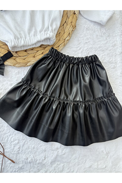 AKİF GİYİM Kız Çocuk & Bebek Takımı Deri Etek Fiyonklu Badi Bandana Takımı