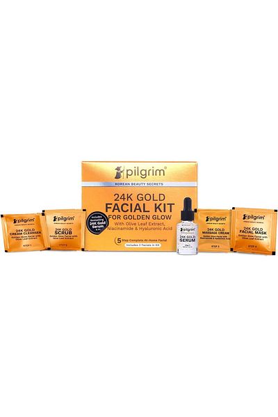 Pilgrim مجموعة الوجه بالذهب عيار 24 قيراطًا لإشراقة فورية وتوهج ذهبي بخمس خطوات سهلة | 30 جرام