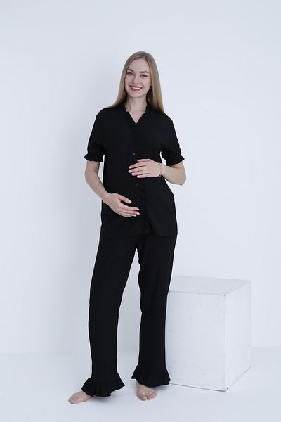 Miss Dünya Lissa Adjustable Waist Woven Maternity and Maternity Pajamas Set with Front Button Ruffle Detail