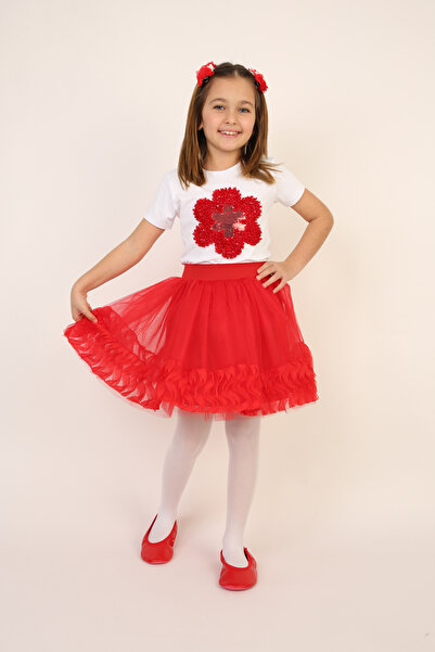 FATELLA Момичешка рокля с червена блуза с цветя и червена пола с вълнисти кра...