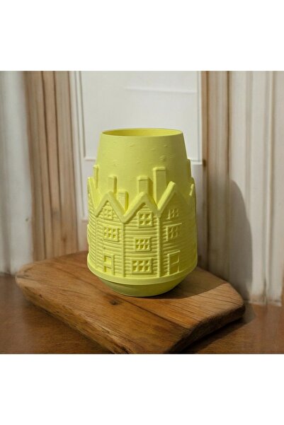 M3Donline Ev Desenli Pastel Sarısı Küçük Saksı & Vazo