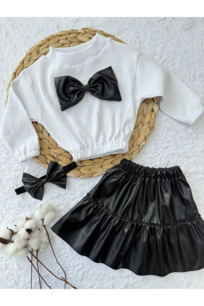 AKİF GİYİM Kız Çocuk & Bebek Takımı Deri Etek Fiyonklu Badi Bandana Takımı