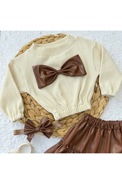 AKİF GİYİM Kız Çocuk & Bebek Takımı Deri Etek Fiyonklu Badi Bandana Takımı