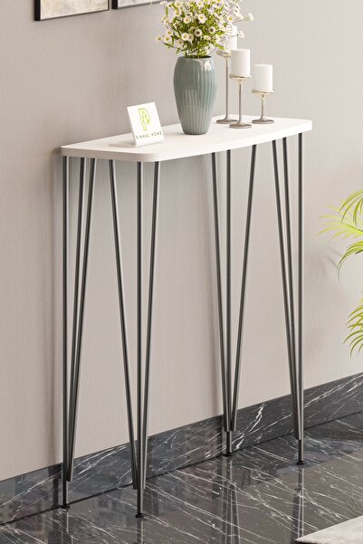 Pinhal Home 60 cm Beyaz Dresuar Kahve Köşesi Konsol Modern Raf Metal Boru Güm...