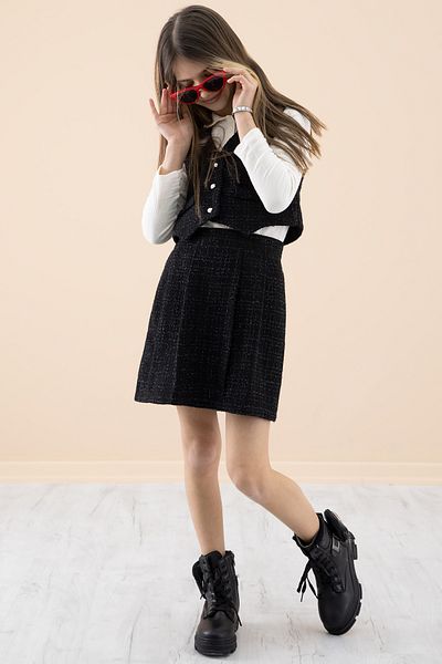 Cansın Mini Μαύρο γιλέκο Lurex, φούστα και κοριτσίστικο πουκάμισο 3 τεμαχίων 20233