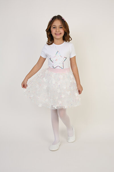 FATELLA Tricou cu stele albe pentru fetițe, set de fuste cu imprimeu floral c...