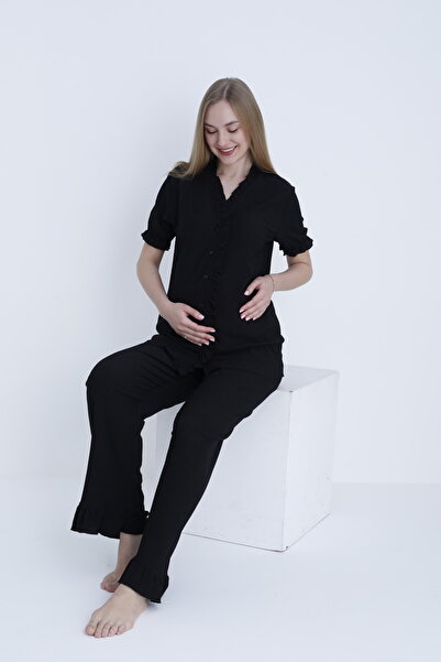 Miss Dünya Lissa Önden Düğmeli Fırfır Detaylı Ayarlanabilir Bel Dokuma Hamile ve Lohusa Pijama Takımı