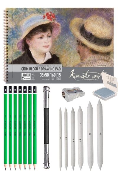 SEYFİKİRTASİYE 35X50 cm 160 Gr Old Notebook Set 7 Pcs Graded Pen Hb-B-2B-3B-4B-5B-6B Pastel Dispenser...