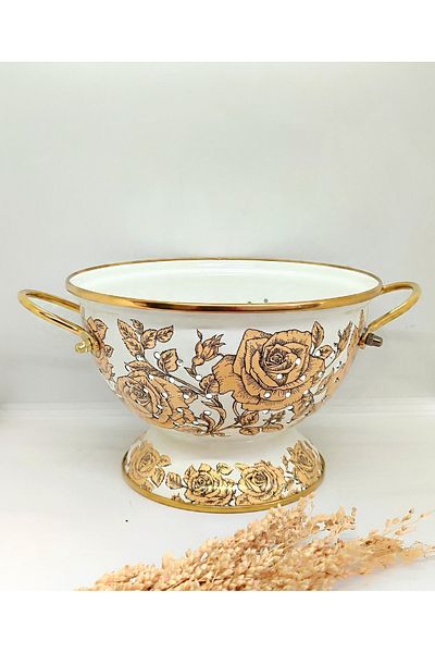 EBRULİEMAYE Yellow Rose Enamel Decorative Strainer Colander Fruit Bowl Presentation Holder