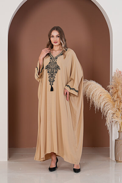 BeyzaBayram Μακρύ φόρεμα μεγάλου μεγέθους μπεζ κεντημένο βισκόζη - A2012