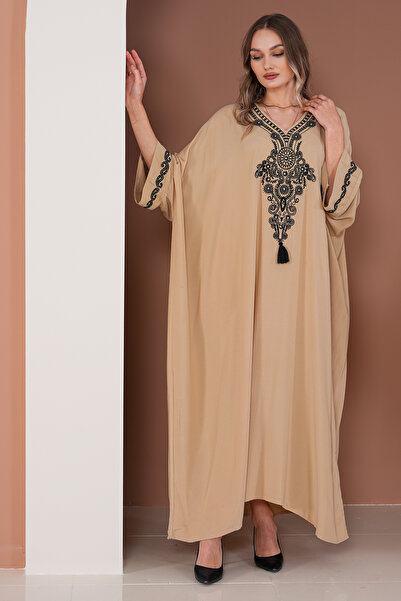 BeyzaBayram Μακρύ φόρεμα μεγάλου μεγέθους μπεζ κεντημένο βισκόζη - A2012