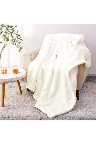 Fabienne Sherpa Blanket 220x240cm Super King Size Reversible Bed Blanket Off White