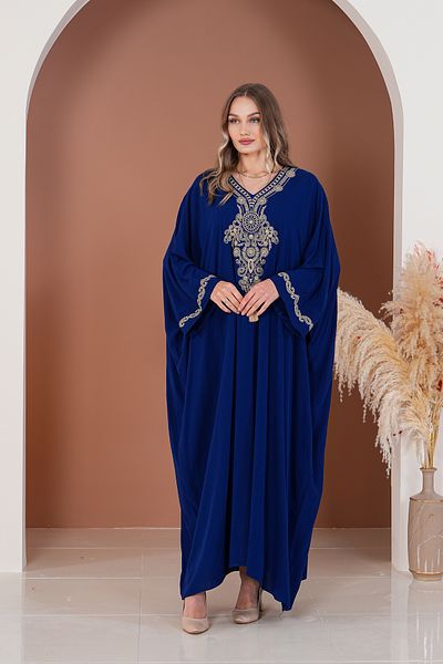 BeyzaBayram Navy Blue Embroidered Viscose Oversize Long Women's Dress - Plus Size A2012