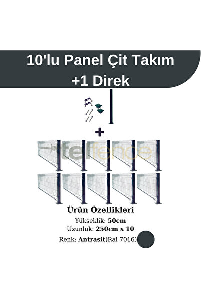 Telfence 10'lu Panel Çit Takım 1 Direk Avantaj Paketi 50cm Antrasit Renk (25 ...