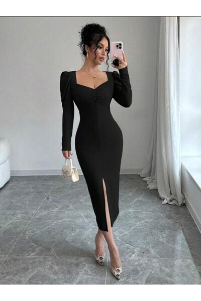 Styling Park Uzun Kollu Göğüs Dekolteli Ön Yırtmaçlı Kalem Midi Elbise