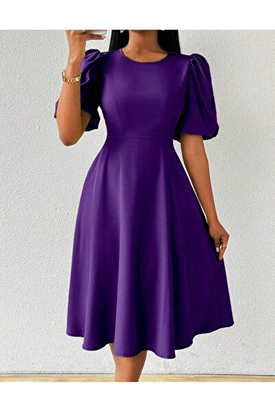 Styling Park Balon Kollu Kloş Midi Elbise