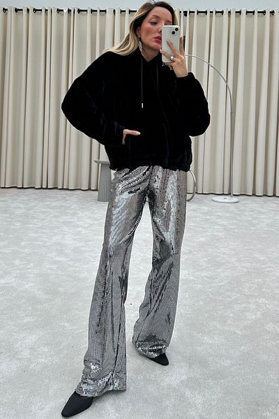 Qaju Women's Elastic Waist Full Lycra Shiny Trousers -Silver