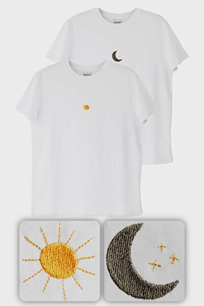 NUUGG تي شيرتات للزوجين مطرزة بنمط القمر والشمس - قطعتان