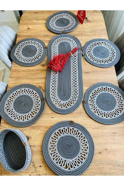 my doğa store 8-piece American Service Jute Wicker Decorative Dining Table Plate Set