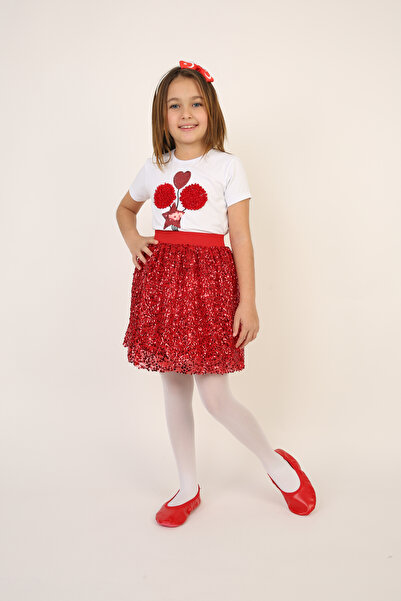 FATELLA Kız Çocuk Kırmızı Modelli Tişört Kırmızı Pullu Etek Takım 23 Nisan 29 Ekim Gösteri Kıyafeti