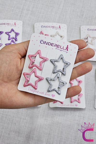 Cinderella Set de 4 catarame cu sclipici cu stea argintie roz - clemă de păr din metal pentru fete colorate